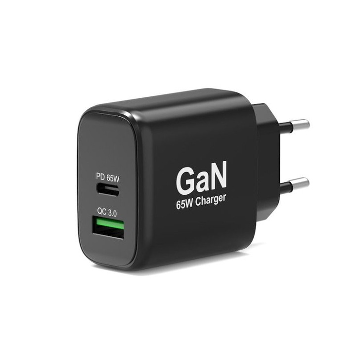 Incarcator Port Designs GaN 65W USB-C si USB-A, 5V, 3A, negru