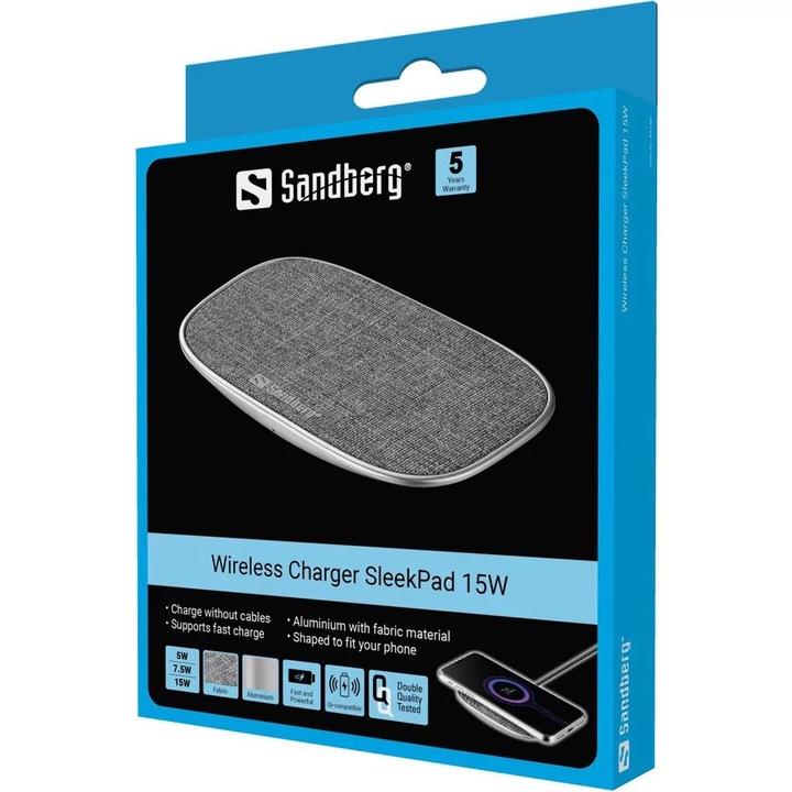 Sandberg SleekPad Wireless Charger 15W Silver, 287652, Зарядно устройство