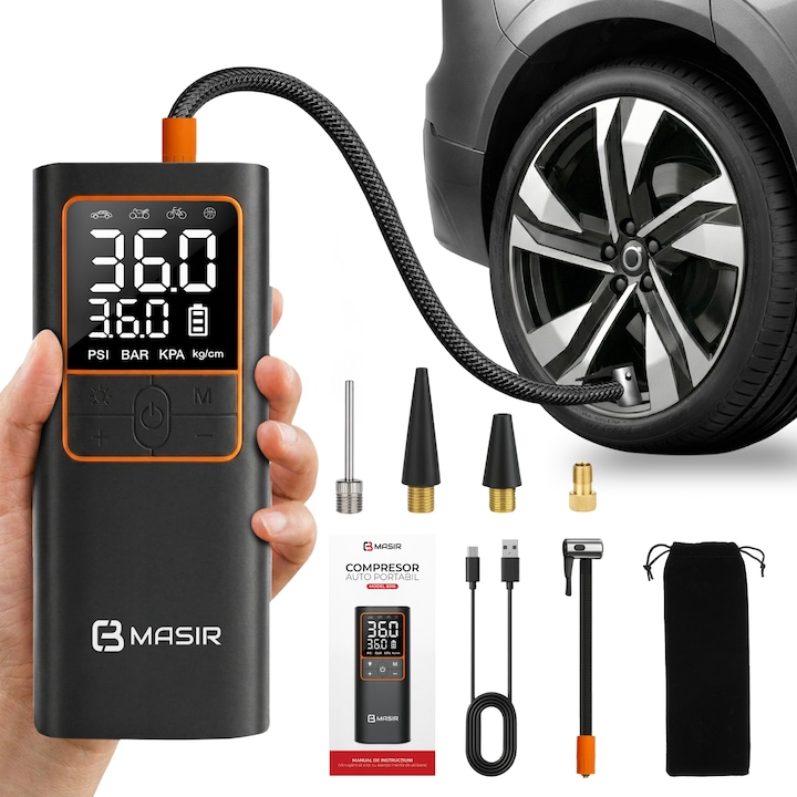 Compresor Auto Portabil, CBMasir, Baterie Externa Reincarcabila 6000mAh, 4 in 1, 150PSI, Compresor Anvelope cu Manometru, Lanterna LED Mod SOS, Ecran Digital, Multifuntional, Moduri Presetate Masina, Minge, Bicicleta, Oprire Automata, Accesorii Incluse