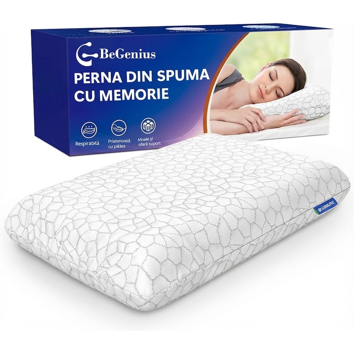 Perna ortopedica pentru dormit din spuma cu memorie cu gel BeGenius, Husa detasabila, Ergonomica ventilata pentru Gat si Suport Cervical, Ideala pentru dormitul lateral, spate sau stomac, 60x40x12 cm, fermitate medie