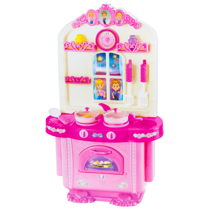 Детски кухненски комплект KinderSafe, 12 елемента, розов, с фурна и аксесоари
