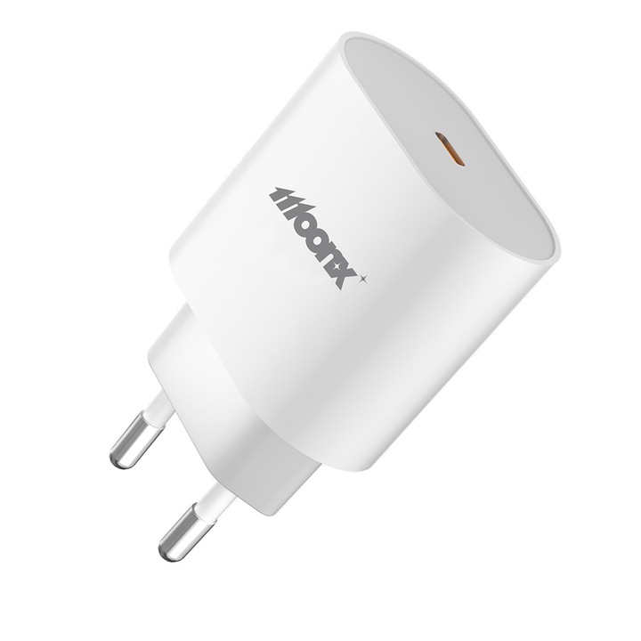Hálózati töltő, MOONX, USB-C SuperFastCharge 25W, Type-C, Samsung és Iphone készülékekhez, túlmelegedés elleni védelem, fehér