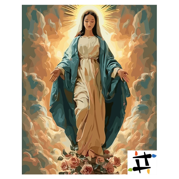 Set pictura pe numere Fecioara Maria 6273, panza bumbac pe rama lemn, 40x50 cm, tablou cu schita, 3 pensule si vopsea acrilica