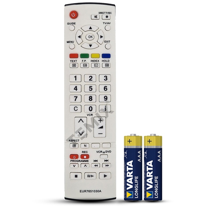 Telecomandă TEMIX, compatibilă cu Panasonic EUR511241, EUR511243, EUR511244, EUR7635010, EUR7636010, EUR7636020, EUR7651030A, design ergonomic, albă, baterii incluse