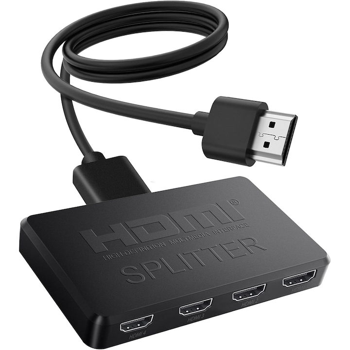 Splitter HDMI 4K, iesiri 1 in 4, plug and play, port de alimentare USB, ABS, potrivit pentru diverse scenarii, OUYLAF, negru