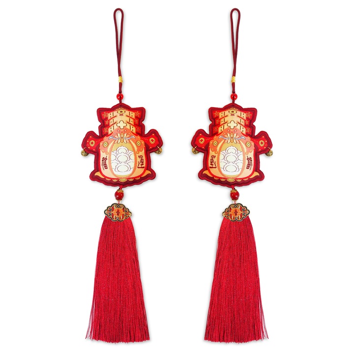 Set de 2 decoratiuni traditionale pentru Anul Nou Chinezesc, ornamente rosii cu ciucuri, accesorii festive pentru usa, fereastra, perete si masina
