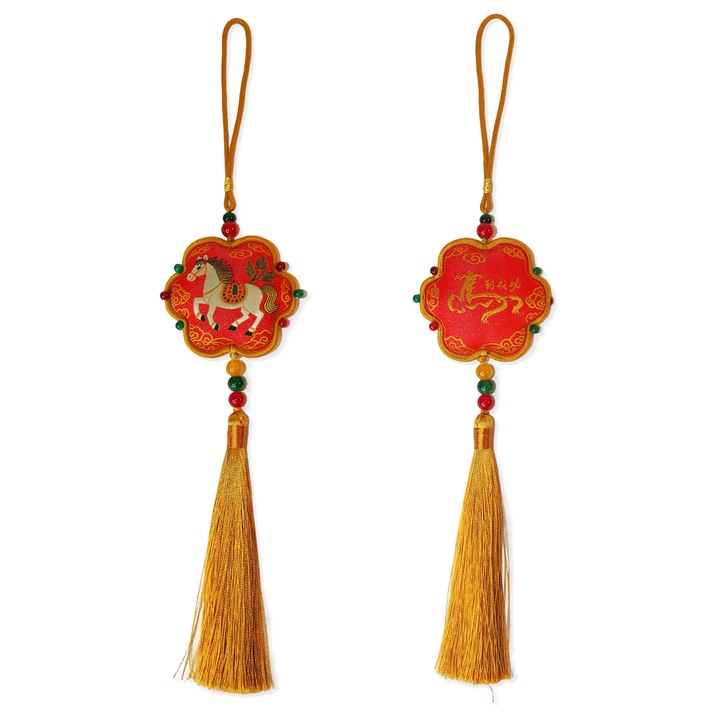 Set 2 Ornamente Decorative cu Design Cal Zodiac, Rosu si Aur, Accesorii Feng Shui pentru Prosperitate