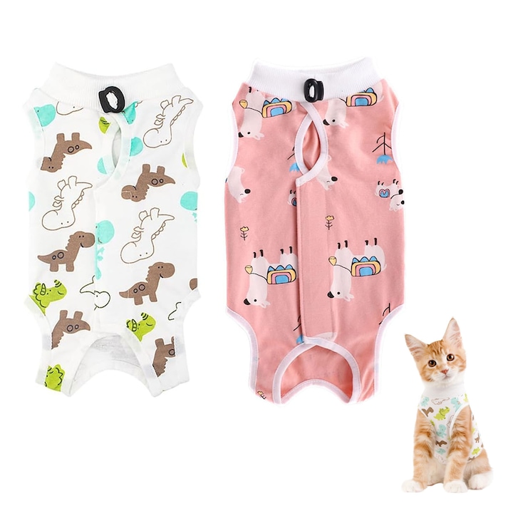 Комплект от 2 костюма за следоперативно възстановяване за котки, asskanaer, Гащеризон за коремни болки при котки, Против облизване, За след операция, Коремни рани, Отбиване, Регулируемо деколте, Удобен и дишащ, Памук, Многоцветен