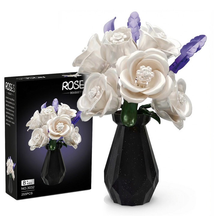 Set de constructie flori, Excitat®, 255Piese, trandafiri albi artificiali, ABS, compatibil cu lego, Cadou pentru Ziua Indragostitilor, （Vaza este inclusa）, alb