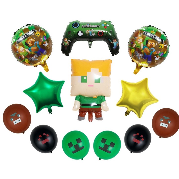 Set 12 Baloane Minecraft, Folie și Latex, Multicolor, 6 Baloane 3D, 6 Baloane Colorate