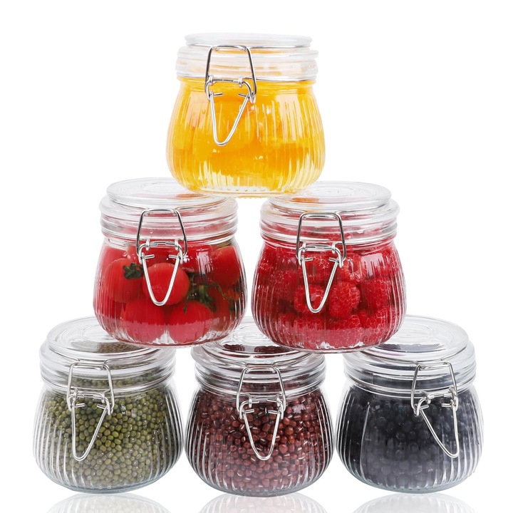 Set 6 borcane depozitare sticlă Asskanaer, 500ml, etanșe, transparent, 10.5x11cm