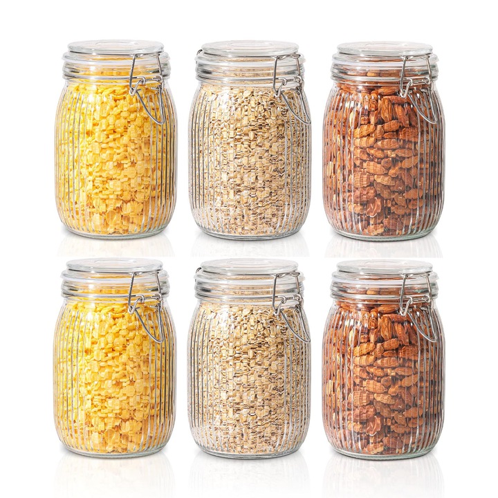 Комплект от 6 стъклени буркана за съхранение, asskanaer, Контейнери за съхранение на храни 1000мл, Силиконово уплътнение, Съхранение на храна, Поддържайте свежест и устойчивост на влага, За подправки, Сладко, Стъкло, 16.5 * 11.5см, Прозрачен