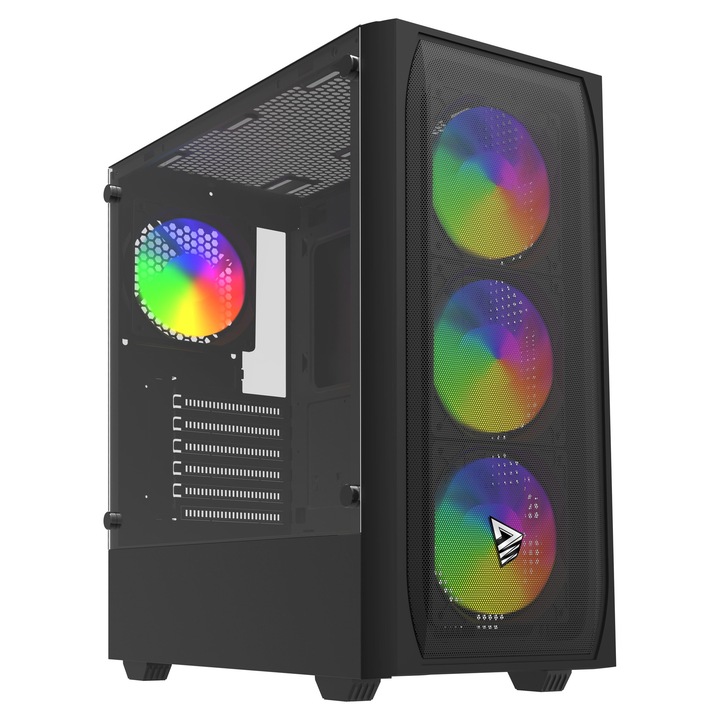 Carcasa PC Savio, Noctis Flow RGB, 3 ventilatoare 120 mm, culoare neagra, dimensiuni ATX