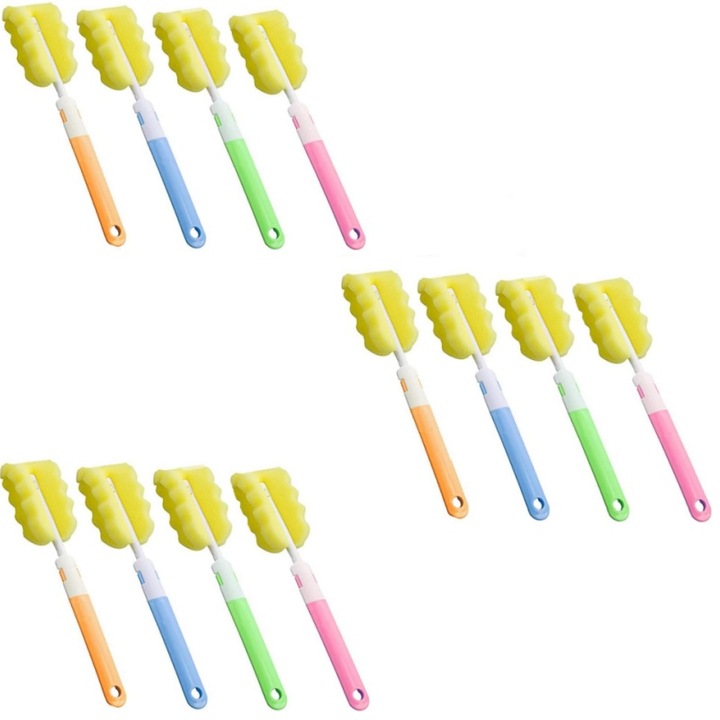 Set de 12 perii de curatare cu maner lung, ComResi, pentru sticle, 4 culori, reutilizabile, din spuma
