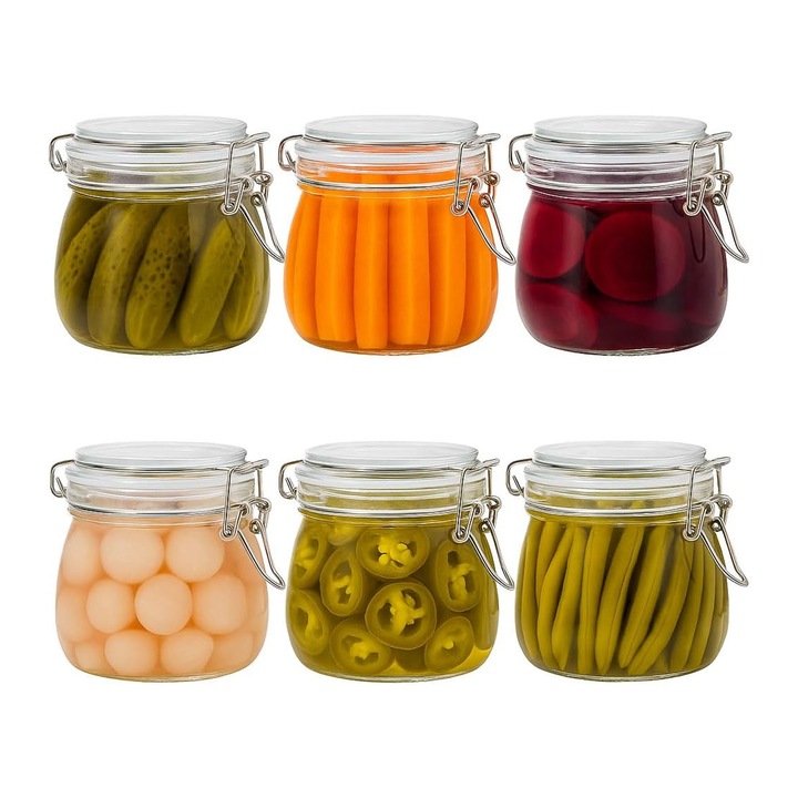 Set 6 borcane sticla, Asskanaer, Recipiente depozitare alimente 500ml, Capace etanse, Garnitura din cauciuc, Depozitare Alimente, Pastrati prospetimea si rezistenta la umiditate, Pentru condimente, Cereale, Sticla, 10.7 * 11cm, Transparent