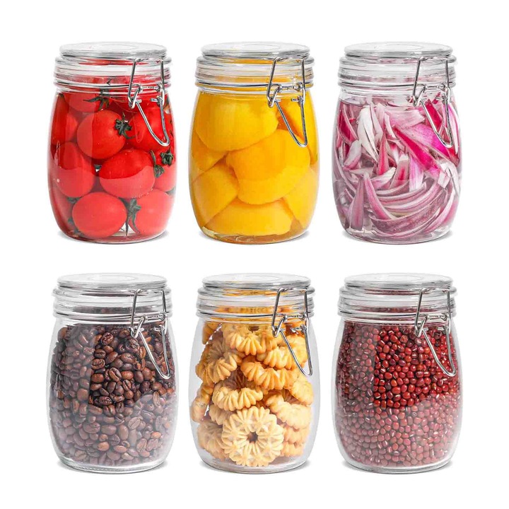 Комплект от 6 стъклени буркана, asskanaer, Контейнери за съхранение на храна 1000мл, Херметически капаци, Гумено уплътнение, Съхранение на храна, Поддържайте свежест и устойчивост на влага, За подправки, Зърнени храни, Стъкло, 17.5 * 11см, Прозрачен