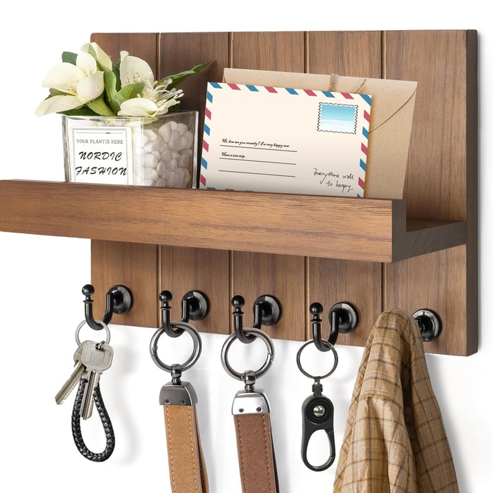 Стенен държач за ключове, asskanaer, Кутия за ключове с 5 кукички, Табла за писма, Държач за ключове с рафт, Рафт за съхранение, Монтиран на стена, Капацитет 5 кг, За коридор, всекидневна, кухня, Дърво, 25.5*9*18.5 см, Кафяв