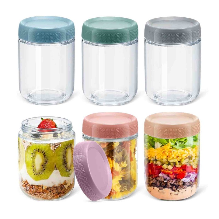 Комплект от 6 стъклени буркана, asskanaer, Безопасно съхранение в кухнята 480 мл, С херметичен капак, Кръгли, Широк отвор, Спестяват място и лесни за почистване, За кисело мляко, туршии, закуски и подправки, 8.5 * 11.8 см, Многоцветни