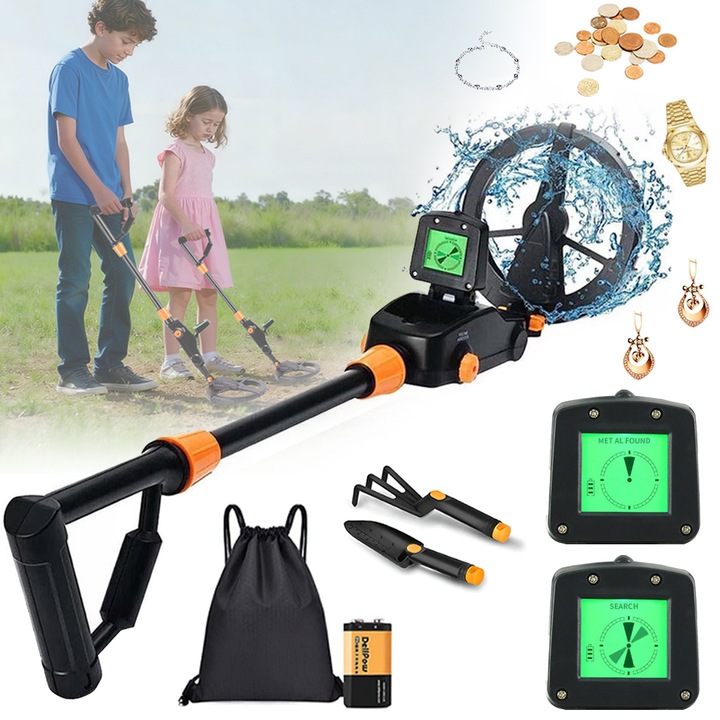 Detector de Metale Profesional, Tressino, Gold Digger, Indicator mecanic si sonor, Detectare subterana, Impermeabil, Sensibilitate Reglabila, LCD, Explorati si gasiti metale, inele, monede, cuie si ceasuri, Accesorii incluse, Negru/Galben