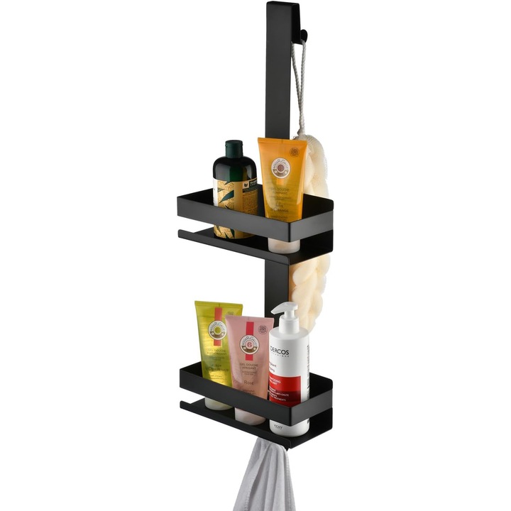 Рафт за душ, Етажерка за баня, Висящ рафт за душ, Рафтове за душ, Стойка за баня, Товароносимост 7 кг, удебелена неръждаема стомана 304, практични куки, Без пробиване за стъклена врата без рамка, 66*23*10см