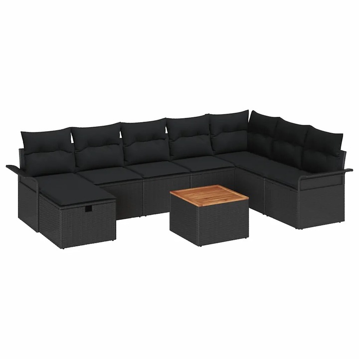 Set de canapele pentru gradina cu perna 9 pcs Negru Rattan poli, vidaXL, 3359471