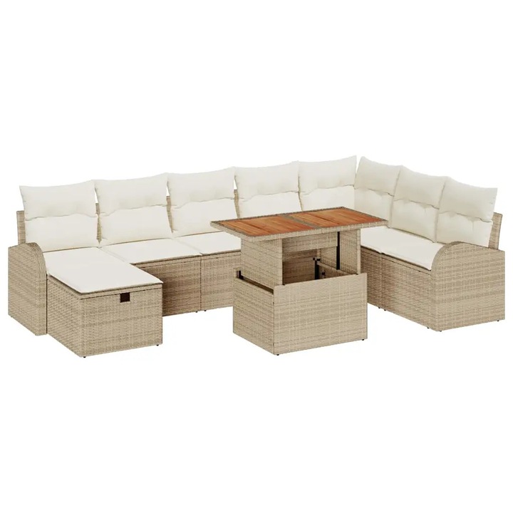 Set de canapele pentru gradina cu perna 9 pcs Bej Rattan poli, vidaXL, 3359984