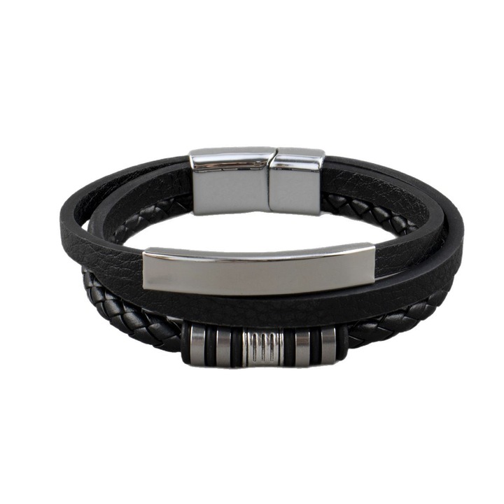 Bratara din piele impletita, design in trei straturi, elemente din margele, inchidere magnetica, bijuterii dama