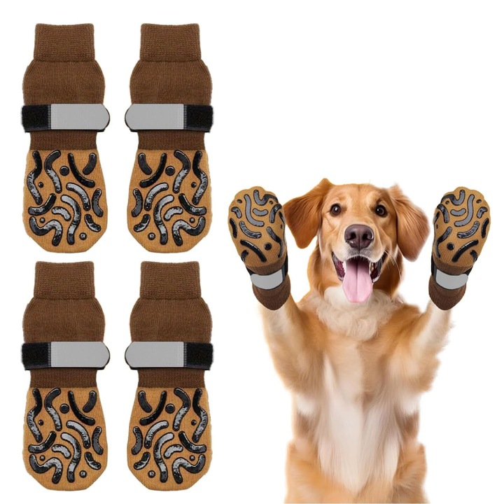 Set 4 sosete antiderapante pentru caini, asskanaer, Modele geometrice, Moale si linistit, Frig, Aderenta puternica, Protectie pentru labe, Cotton, Marime S, 5.5x14cm, Galben