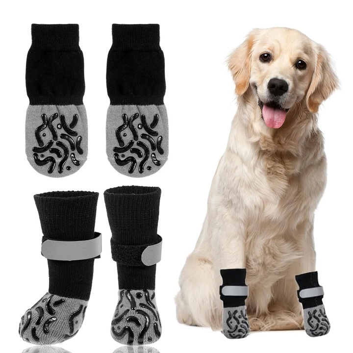 Set 4 sosete antiderapante pentru caini, asskanaer, Modele geometrice, Moale si linistit, Frig, Aderenta puternica, Protectie pentru labe, Cotton, Marime S, 5.5x14cm, Negru
