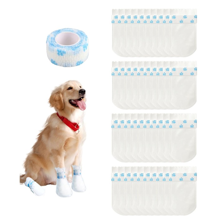Set 40 botosi de unica folosinta pentru caini, asskanaer, Sosete impermeabile pentru caini, Cu banda autoadeziva, Anti-alunecare, Usori, Protectie labute, Ideali pentru plimbari pe ploaie sau protectie impotriva murdariei, Netesut, Marimea S, 15.8*6.5cm