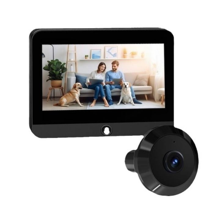 Vizor electronic, Wi-Fi, Monitor LCD, cu Monitor LCD HD 1080P si unghi vizualizare 120°, detectare miscare, aplicatie telefon. Baterie Li-Ion 5000 mAh, incarcare USB-C, slot card SD, supraveghere 24/7. Usor de instalat, accesorii incluse, negru