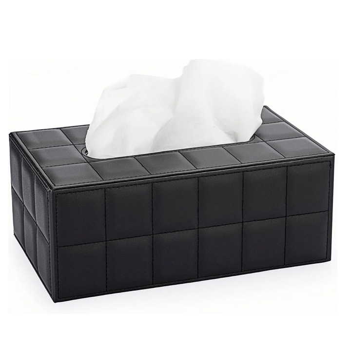 BOMSTOM szalvétatartó, ökológiai bőr, fekete, 25x14x9cm, elegáns design, mágneses záródással