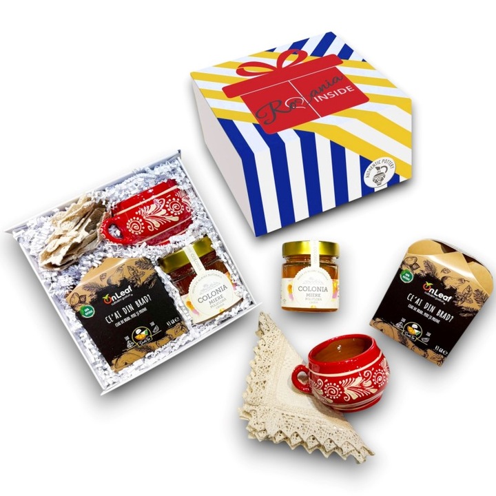 Pachet cadou "Fruits & Flowers", Reaveal Romania, 1 ceasca din ceramica de Corund, 1 servet tesut, 1 miere poliflora, 1 ceai artizanal, in cutie rigida full print cu inchidere magnetica, multicolor