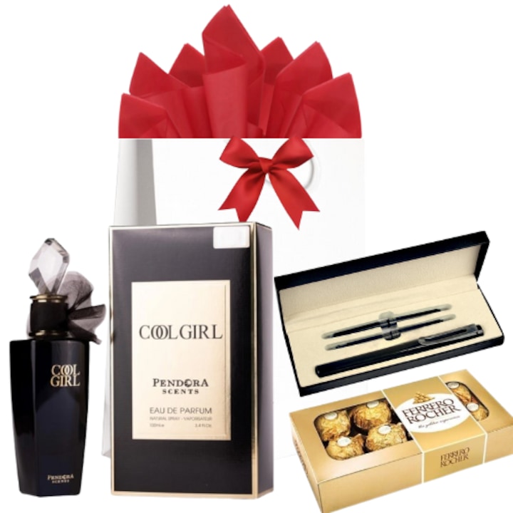Pachet cadou Femei, Parfum Cool Girl Pendora Scents 100 ml, Stilou metalic cu mecanism si 4 rezerve cerneala, cutie imitatie piele, FERRERO ROCHER Bomboane 100 g, Punga cadou, Orice Ocazie