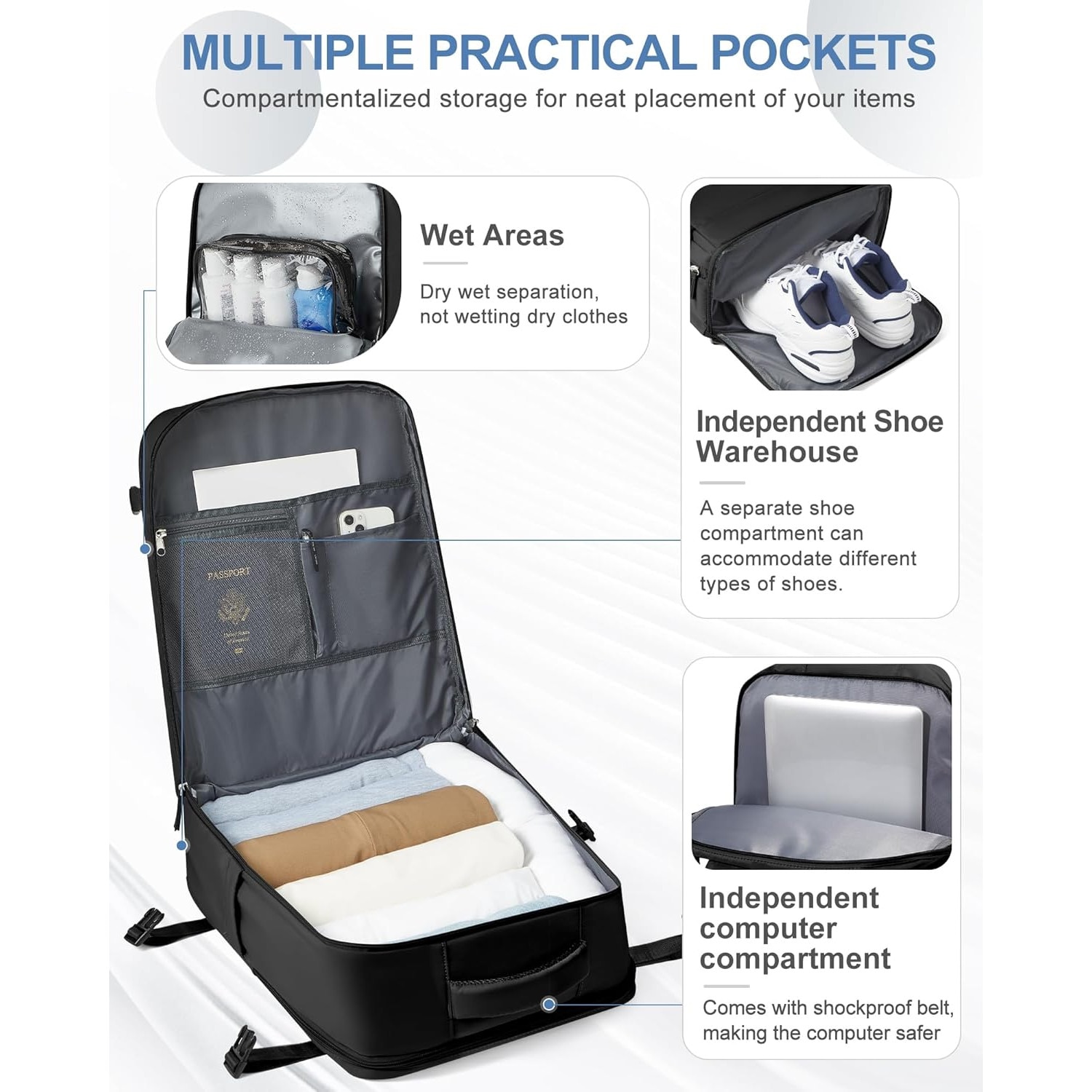 Rucsac de calatorie unisex, compartiment pentru laptop, compartiment pentru incaltaminte, negru, capacitate mare