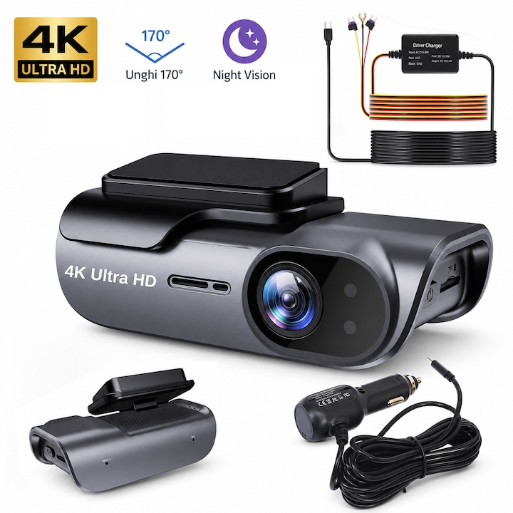 Camera de bord auto Smart WiFi 4K AjieQaQ® 3840×2160 UHD, unghi 170°, Night Vision, G-Sensor, WDR, aplicatie Viidure, alimentator bricheta si alimentator direct, grafit
