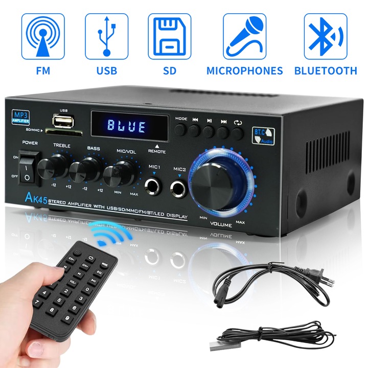 Amplificator stereo audio, Tressino, Bluetooth 5.0, 300Wx2, 40+40W RMS, Suport intrare USB/SD MMC /FM, 2 intrari microfon, Ecran digital, Ajustare bass/inalte, Antena FM si telecomanda, 10Hz-20kHz, Material metalic, 180x140x65mm, Negru