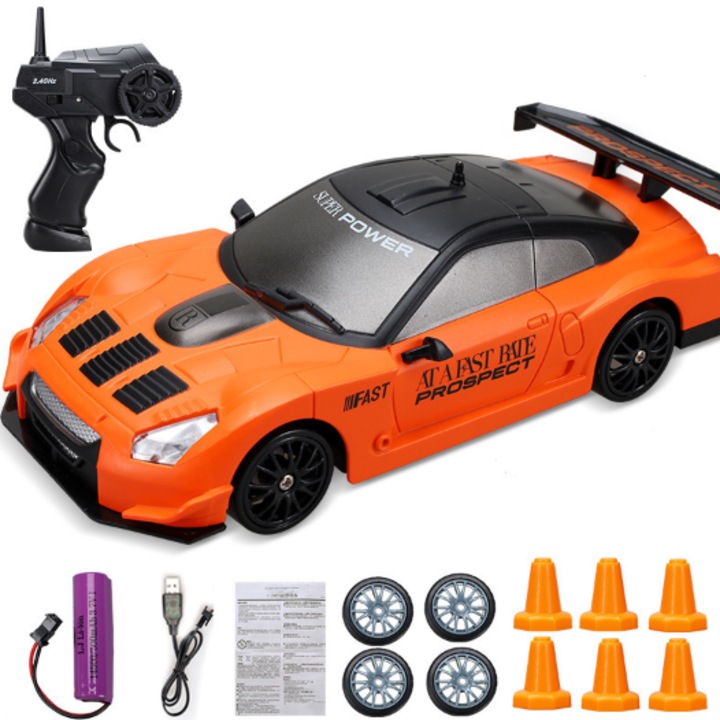 Masinuta RC 1:24 cu lumini LED, doua moduri de condus, doua baterii reincarcabile, portocalie