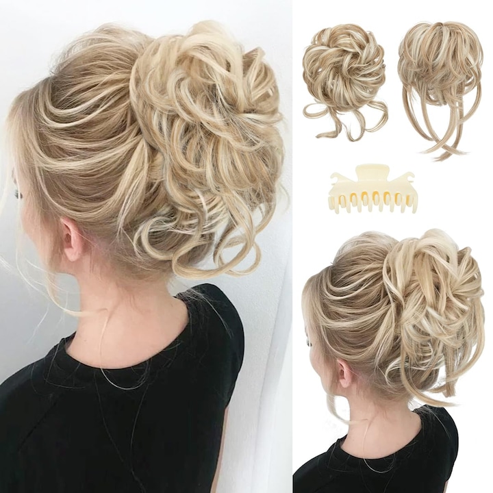 Set de 2 extensii pentru bucle, Omelivon, Sunny-Blonde, cu clame detașabile, 20cm