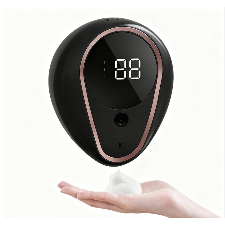 Dispenser de sapun spumant cu senzor digital, design modern, negru cu detalii aurii, montare pe perete