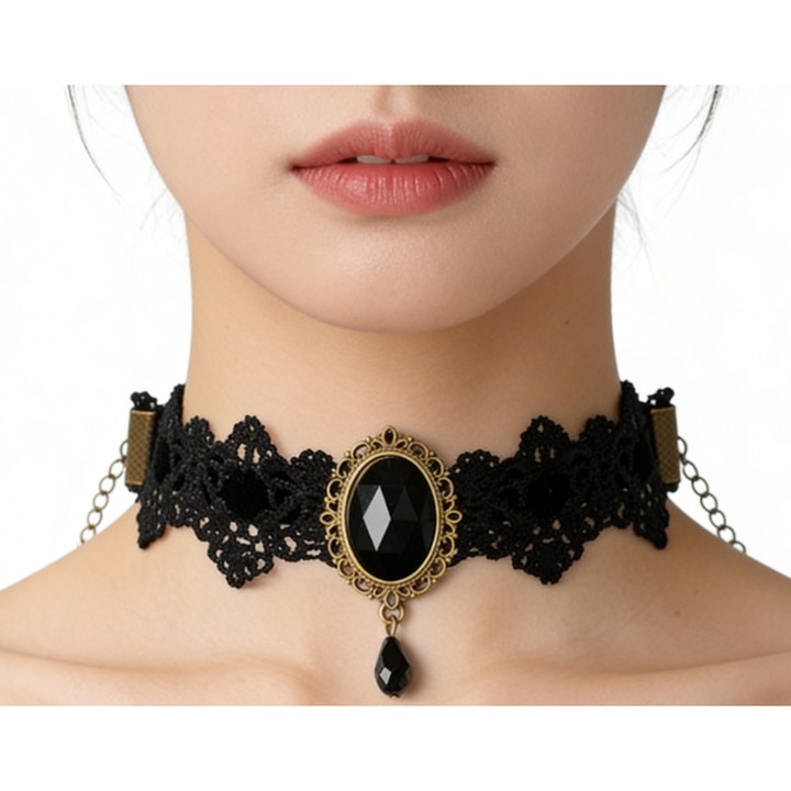 Colier Choker Gothic Dantela Neagra Transparenta – Stil Dark Elegant, Ideal pentru Outfit Alternativ, Negru