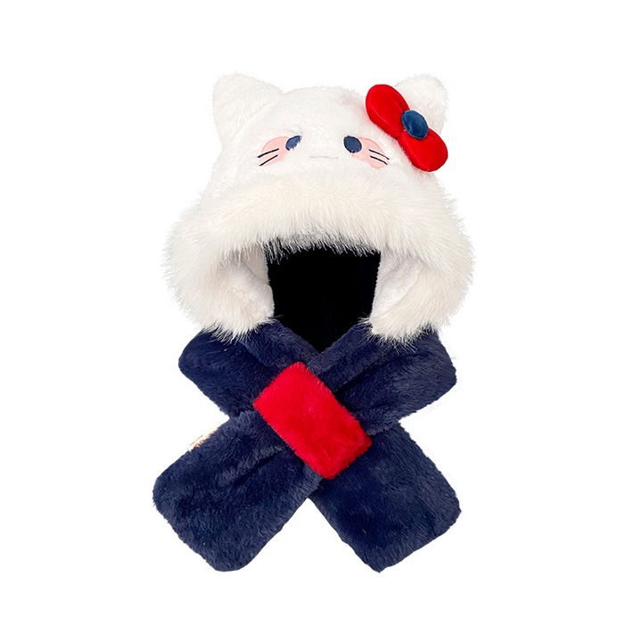 Set caciula cu fular din plus, model urechi de pisica, M 56-58cm, multicolor