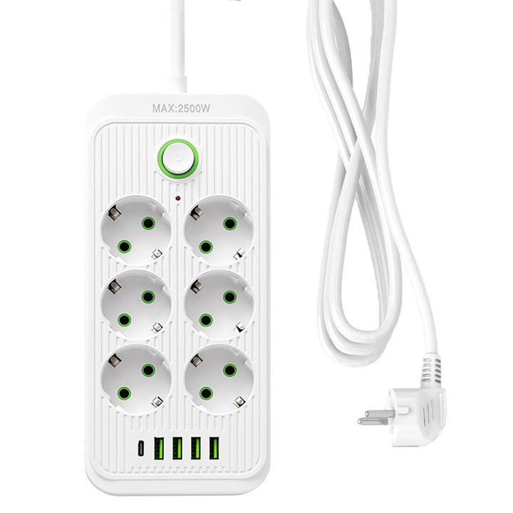 Prelungitor, DONFANLIA®, Cordon 2 m, 6 prize, 4 USB, 1 USB-C, Protectie Copii, HighPower, Intrerupator, Anti-static, Rezistent la temperaturi inalte, Universal, Protectie supratensiune, Alb