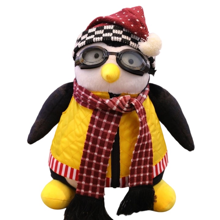 Jucarie de plus, haine, ochi, palarie si esarfa sunt toate detasabile, pinguin, 27cm