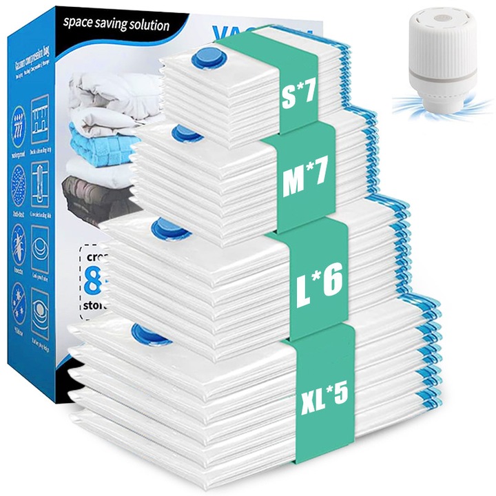 Set 25 saci de Vidat Haine Pentru Depozitare, Cu pompa electrica, Cu supapa, 40x60/50x70/60x80/70x100cm, Sigilat in vid, usor de utilizat, transparent, depozitare convenabila si economie de spatiu