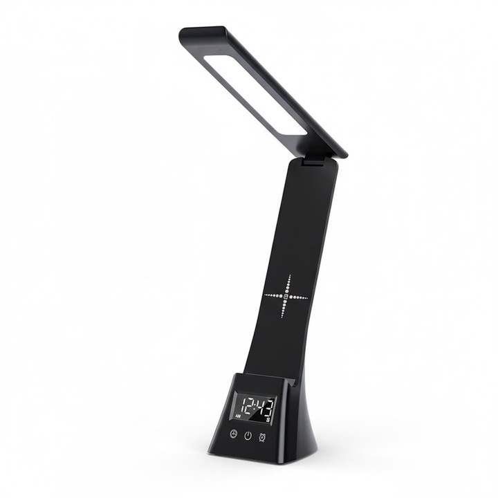 Lampa inteligenta de birou cu incarcare wireless, USB, 31x10x9 cm, suport telefon, afisaj ceas, negru, modern si functional