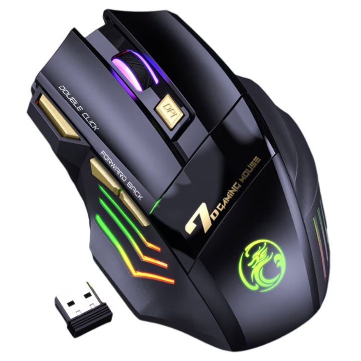 Мишка Wireless Gaming, 500 mAh, USB, 4 DPI, 7 бутона, RGB светлини, безшумна, бързо зареждане, ергономичен дизайн, черна