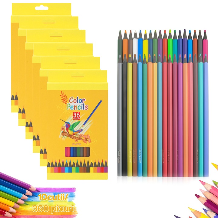 Set 360 buc Creioane colorate, Wacorresi®, set 10 pachete cu 36 creioane colorate, profesionale, culori vii, pentru pictat si desen， 1 cutie cu 36 Creioane colorate, multicolor