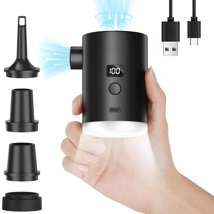 Pompa de aer electrica, Bedee, 280L/min, Cu functie de iluminare si maner, reincarcare USB, 4000mAh, cu 4 duze si ecran LED, potrivit pentru pomparea/desumflarea piscinelor, barcilor cu vasle, campingurilor si colacelor de inot, 5.5x9cm, Negru