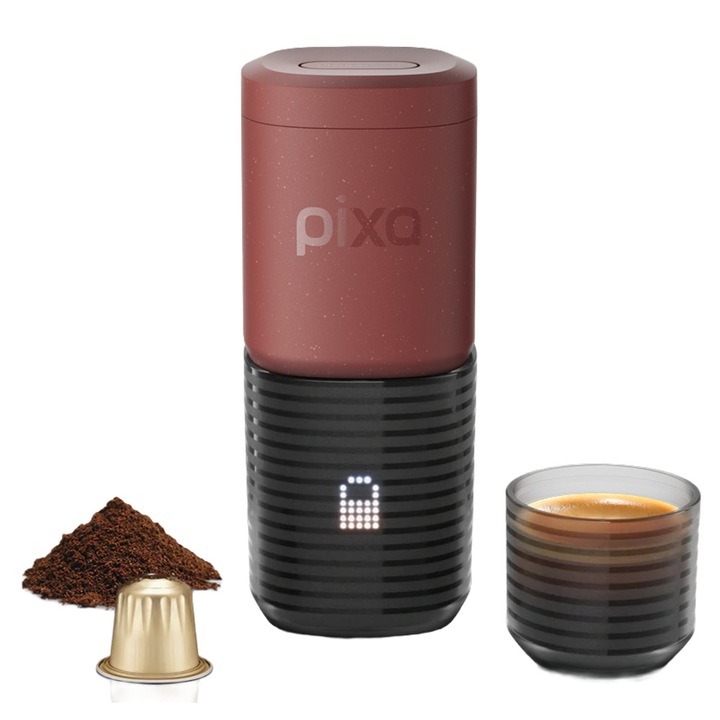 Wacaco, Pixapresso hordozható automata eszpresszógép Nespresso kapszulához, 20 bar, ideális utazáshoz, őrölt kávéval is kompatibilis, 8-16 g kávé, LED kijelző, BPA-mentes, állítható hőmérséklet, gyors felmelegedés, tartozékokkal, kompakt, piros